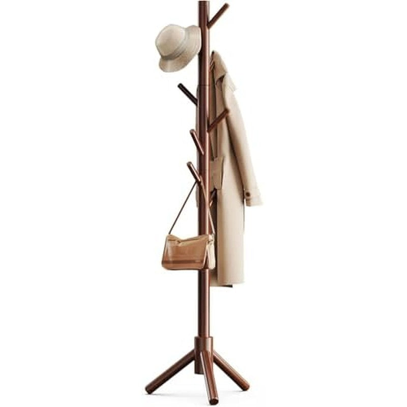 Solid Wooden Coat Rack Freestanding with 8 Hooks,  Brown - side angle