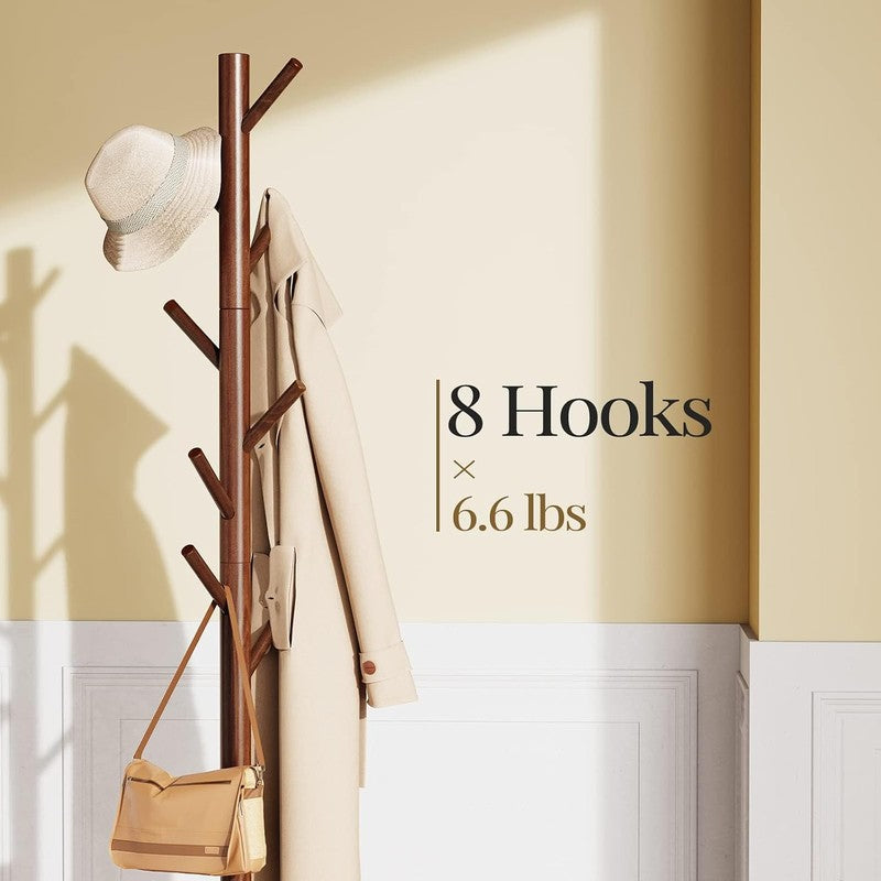 Solid Wooden Coat Rack Freestanding with 8 Hooks,  Brown - detail close-up
