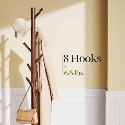 Solid Wooden Coat Rack Freestanding with 8 Hooks,  Brown - detail close-up