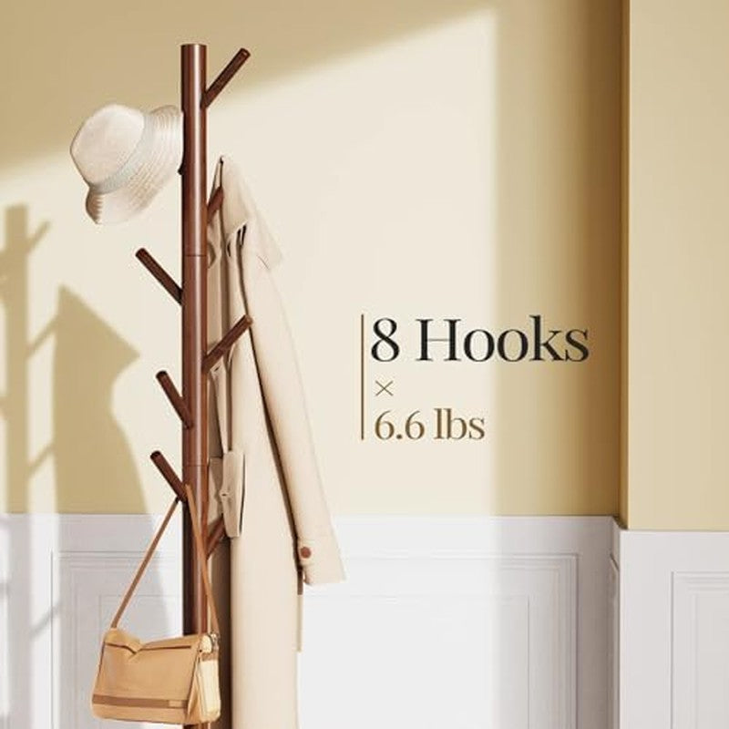 Solid Wooden Coat Rack Freestanding with 8 Hooks,  Brown - in use