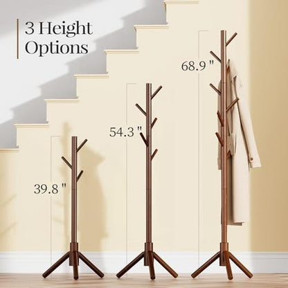 Solid Wooden Coat Rack Freestanding with 8 Hooks,  Brown - back view