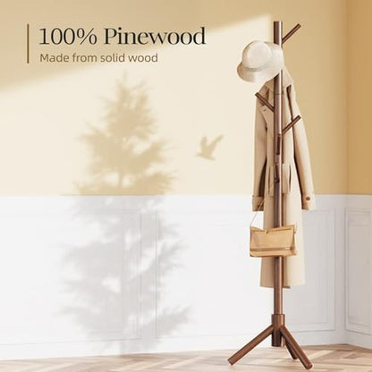 Solid Wooden Coat Rack Freestanding with 8 Hooks,  Brown - color detail