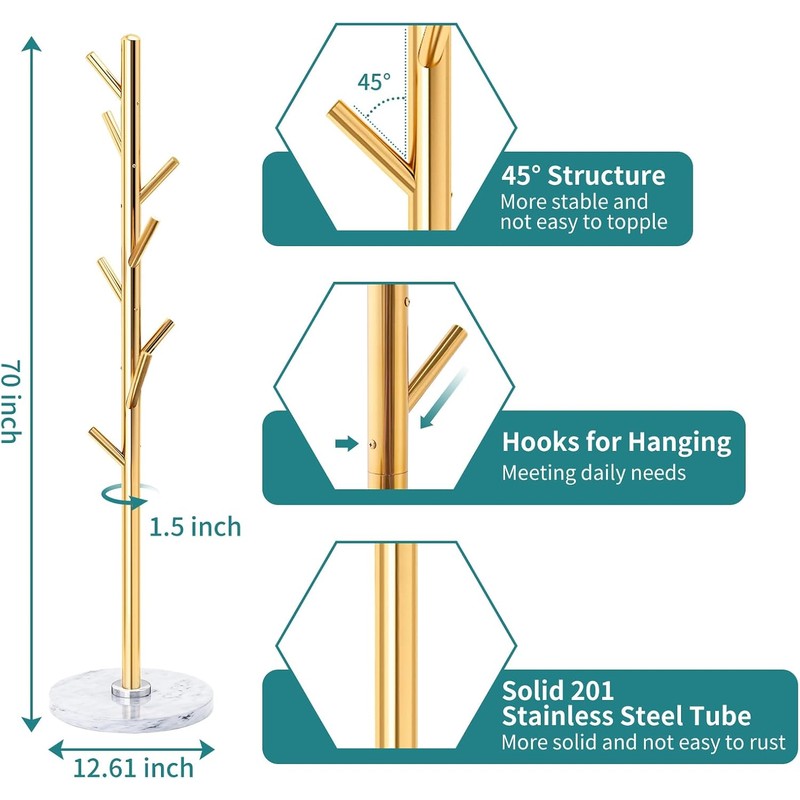 Coat Rack, Coat Rack Stand with 8 Hooks, Coat Tree Golden - top view