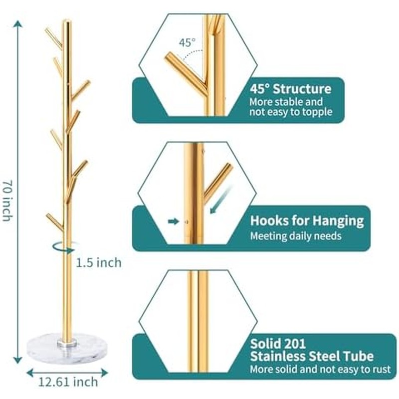 Coat Rack, Coat Rack Stand with 8 Hooks, Coat Tree Golden - color detail
