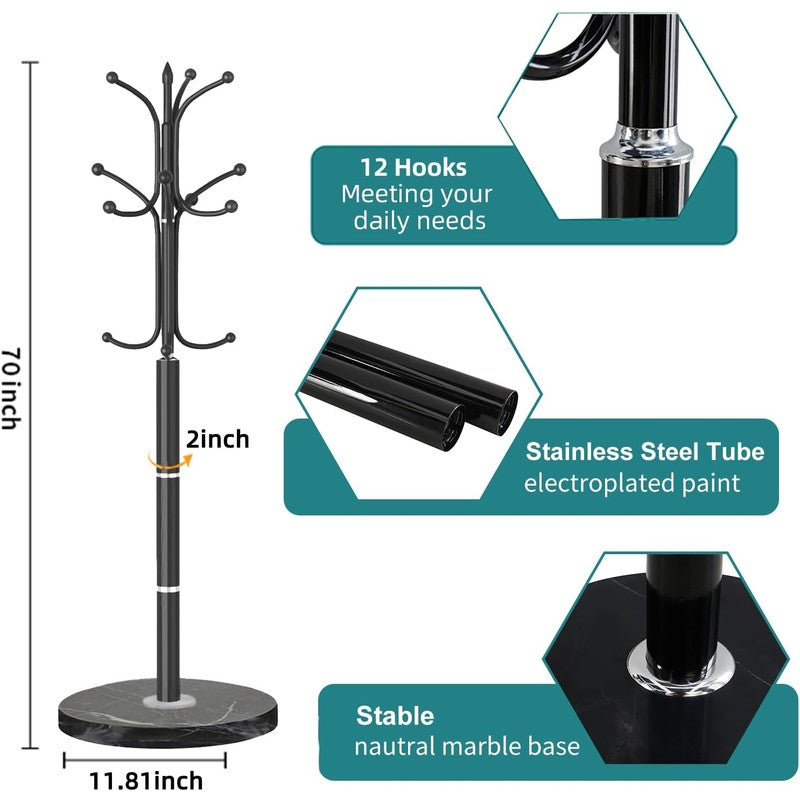 Coat Rack, Coat Rack Stand with 12 Hooks, Coat Tre Black-12 Hooks - detail close-up