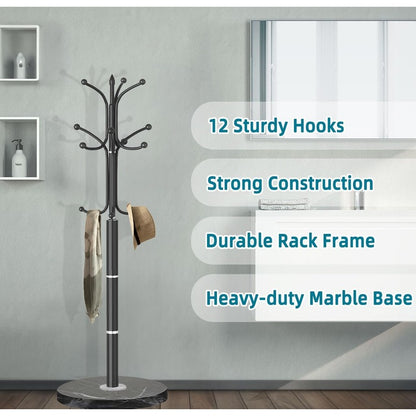 Coat Rack, Coat Rack Stand with 12 Hooks, Coat Tre Black-12 Hooks - top view